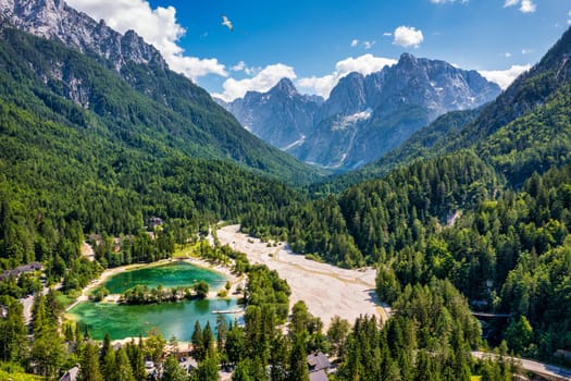 Great nature scenery in Slovenian Alps. Incredible summer landscape on Jasna lake. Triglav national park. Kranjska Gora, Slovenia. Mountain lake Jasna in Krajsnka Gora, Slovenia. 