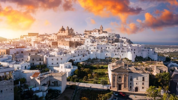 View of Ostuni white town, Brindisi, Puglia (Apulia), Italy, Europe. Old Town is Ostuni's citadel. Ostuni is referred to as the White Town. Ostuni white town skyline and church, Brindisi, Italy.