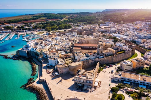 Aerial view of Otranto town on the Salento Peninsula in the south of Italy, Easternmost city in Italy (Apulia) on the coast of the Adriatic Sea. View of Otranto town, Puglia region, Italy.
