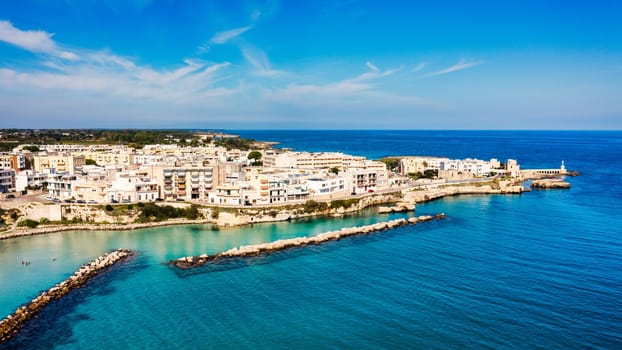 Aerial view of Otranto town on the Salento Peninsula in the south of Italy, Easternmost city in Italy (Apulia) on the coast of the Adriatic Sea. View of Otranto town, Puglia region, Italy.
