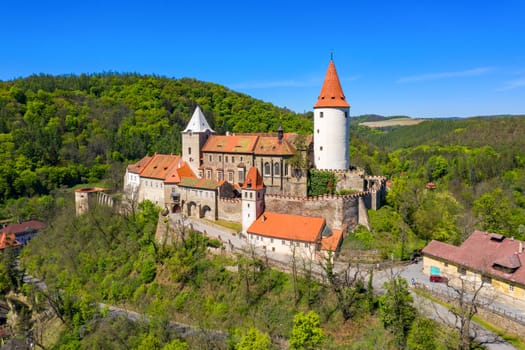 Aerial view of castle Krivoklat in Czech republic, Europe. Famous Czech medieval castle of Krivoklat, central Czech Republic. Krivoklat castle, medieval royal castle in Central Bohemia, Czechia. 
