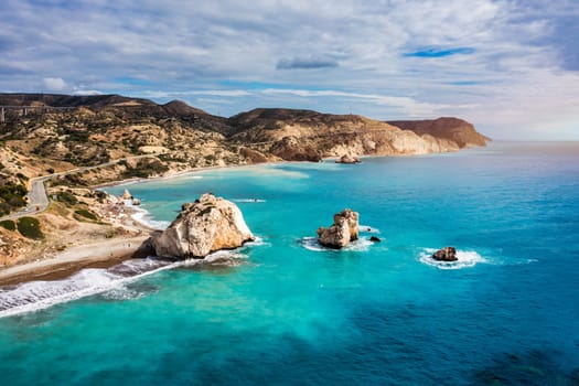 Petra tou Romiou (Aphrodite's Rock) the birthplace of Aphrodite, Paphos, Cyprus. Aerial view of Petra tou Romiou, aka Aphrodite's rock a famous tourist travel destination landmark in Paphos, Cyprus.