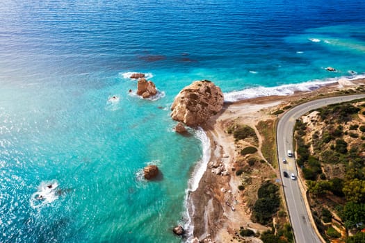 Petra tou Romiou (Aphrodite's Rock) the birthplace of Aphrodite, Paphos, Cyprus. Aerial view of Petra tou Romiou, aka Aphrodite's rock a famous tourist travel destination landmark in Paphos, Cyprus.