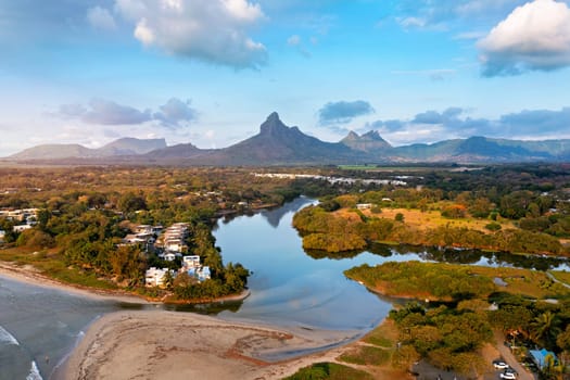 Rempart mountain view from Tamarin bay, Black river, scenic nature of Mauritius island. Beautiful nature and landscapes of Mauritius island. Rempart mountains view from Tamarin bay, Mauritius.