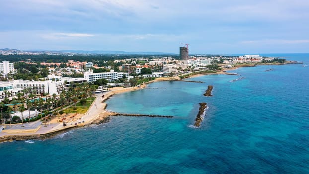 View of the town of Paphos in Cyprus. Paphos is known as the center of ancient history and culture of the island. View of embankment at Paphos Harbour, Cyprus.