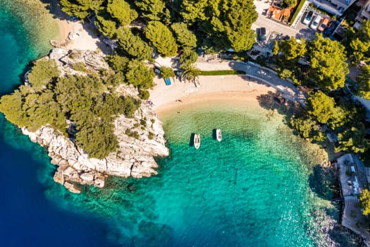 Amazing aerial view of the beautiful Podrace beach in Brela, Makarska Riviera, Croatia. Aerial view of Podrace beach and waterfront on Makarska riviera, Brela, Dalmatia region of Croatia.