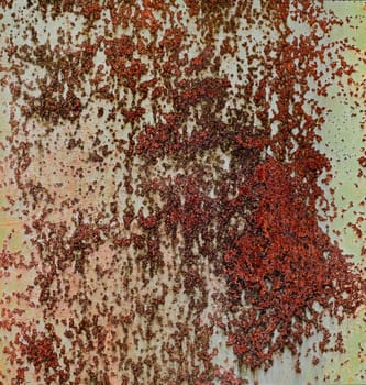 Detailed panorama grunge rusted metal texture. Backdrop of rusty surface of dark, brown, and orange hues. Close-up of rust patterns, aged iron, scratched, worn, distressed areas, corrosion details