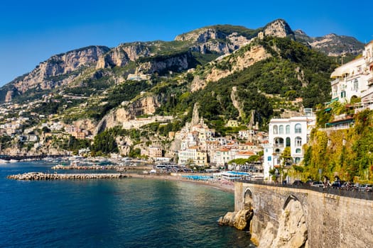 View of beautiful Amalfi town, Campania, Italy. Amalfi coast is most popular travel and holiday destination in Europe. Amalfi cityscape on coast line of mediterranean sea, Amalfi coast, Italy.