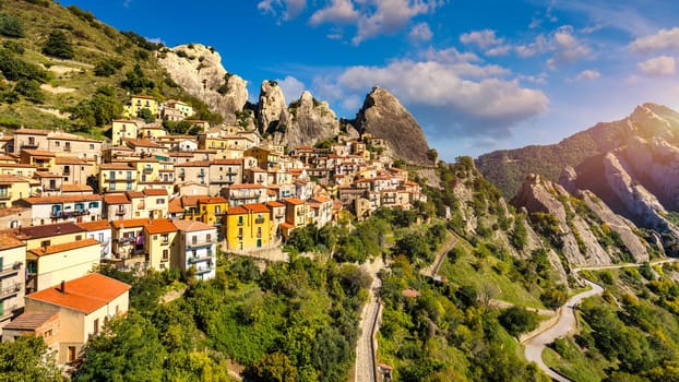 The picturesque village of Castelmezzano, province of Potenza, Basilicata, Italy. Cityscape aerial view of medieval city of Castelmazzano, Italy. Castelmezzano village in Apennines Dolomiti Lucane.