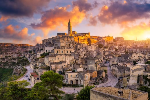 Panoramic view of the ancient town of Matera (Sassi di Matera) in a beautiful autumn day, Basilicata, southern Italy. Stunning view of the village of Matera. Matera is a city on a rocky outcrop.