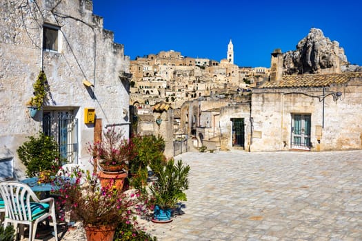 Panoramic view of the ancient town of Matera (Sassi di Matera) in a beautiful autumn day, Basilicata, southern Italy. Stunning view of the village of Matera. Matera is a city on a rocky outcrop.