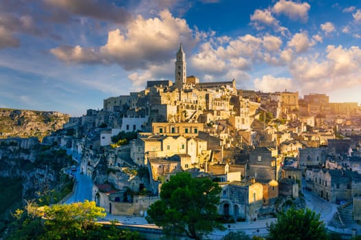 Panoramic view of the ancient town of Matera (Sassi di Matera) in a beautiful autumn day, Basilicata, southern Italy. Stunning view of the village of Matera. Matera is a city on a rocky outcrop.