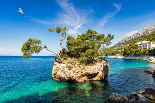 Kamen Brela symbol of the city of Brela on Adriatic coast of Dalmatia, Croatia. Kamen Brela, tiny famous island in Brela, Makarska Riviera, Dalmatia, Croatia.