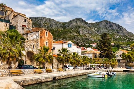 Idyllic village of Mlini in Dubrovnik archipelago view, south Dalmatia region of Croatia. Adriatic village of Mlini waterfront aerial view, Dubrovnik coastline of Croatia.