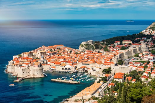 The aerial view of Dubrovnik, a city in southern Croatia fronting the Adriatic Sea, Europe. Old city center of famous town Dubrovnik, Croatia. Dubrovnik historic city of Croatia in Dalmatia. 