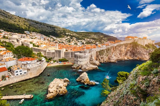 The aerial view of Dubrovnik, a city in southern Croatia fronting the Adriatic Sea, Europe. Old city center of famous town Dubrovnik, Croatia. Dubrovnik historic city of Croatia in Dalmatia. 