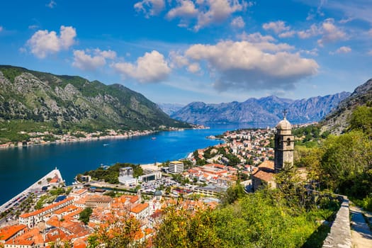 View of the old town of Kotor, Montenegro. Bay of Kotor bay is one of the most beautiful places on Adriatic Sea. Historical Kotor Old town and the Kotor bay of Adriatic sea, Montenegro.
