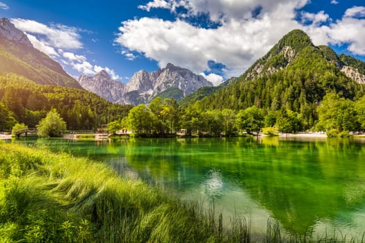 Great nature scenery in Slovenian Alps. Incredible summer landscape on Jasna lake. Triglav national park. Kranjska Gora, Slovenia. Mountain lake Jasna in Krajsnka Gora, Slovenia. 