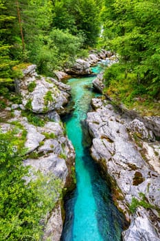 Amazing Soca river gorge in Slovenian Alps. Great Soca Gorge (Velika korita Soce), Triglav National park, Slovenia. Great canyon of Soca river, Bovec, Slovenia. Soca Gorge in Triglav National Park.