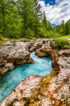 Amazing Soca river gorge in Slovenian Alps. Great Soca Gorge (Velika korita Soce), Triglav National park, Slovenia. Great canyon of Soca river, Bovec, Slovenia. Soca Gorge in Triglav National Park.