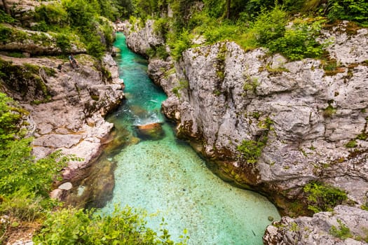 Amazing Soca river gorge in Slovenian Alps. Great Soca Gorge (Velika korita Soce), Triglav National park, Slovenia. Great canyon of Soca river, Bovec, Slovenia. Soca Gorge in Triglav National Park.