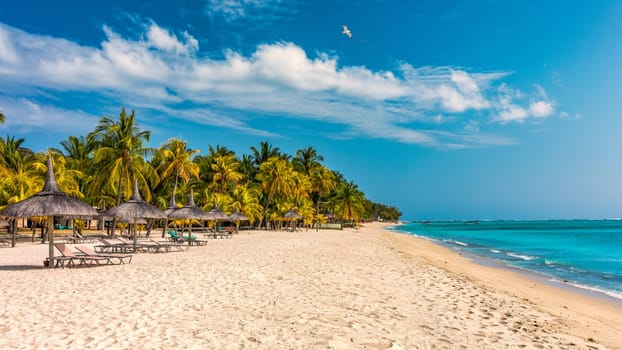 A beach with palm trees and umbrellas on Le morne Brabant beach in Mauriutius. Tropical crystal ocean with Le Morne beach and luxury beach in Mauritius. Le Morne beach with palm trees, white sand and luxury resorts, Mauritius.