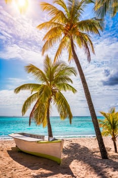 Palm trees on the tropical Le Morne beach, Mauritius. Tropical vacation background concept on Le Morne beach, Mauritius. Paradise beach on Mauritius island, palm trees, white sand, azure water.