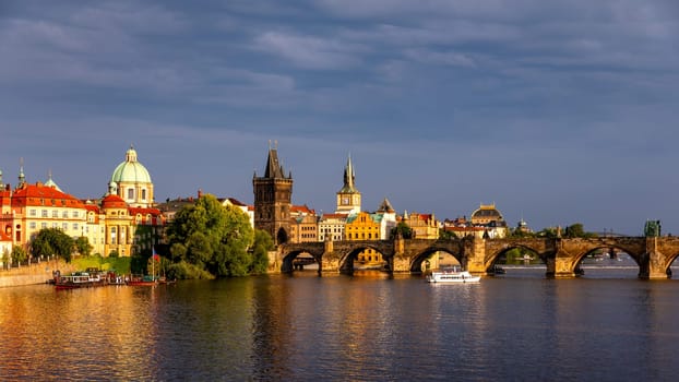 Charles Bridge sunset view of the Old Town pier architecture, Charles Bridge over Vltava river in Prague, Czechia. Old Town of Prague with Charles Bridge, Prague, Czech Republic.