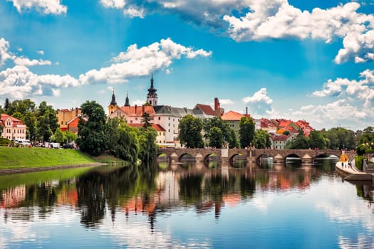 Medieval Town Pisek and historic stone bridge over river Otava in the Southern Bohemia, Czech Republic. Pisek Stone Bridge, the oldest preserved early Gothic bridge in the Czech republic.