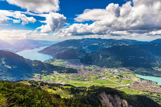 Beautiful Lake Thun and Lake Brienz view from Schynige Platte trail in Bernese Oberland, Canton of Bern, Switzerland. Popular mountain in the Swiss Alps called Schynige Platte in Switzerland.