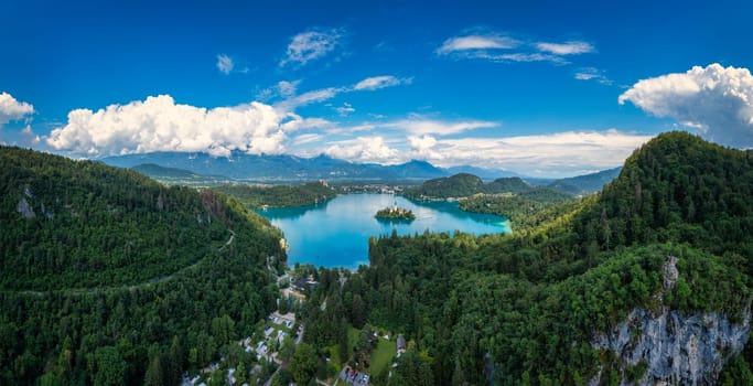 Lake Bled in Slovenia. Beautiful mountains and Bled lake with small Pilgrimage Church. Bled lake and island with Pilgrimage Church of the Assumption of Maria. Bled, Slovenia, Europe.