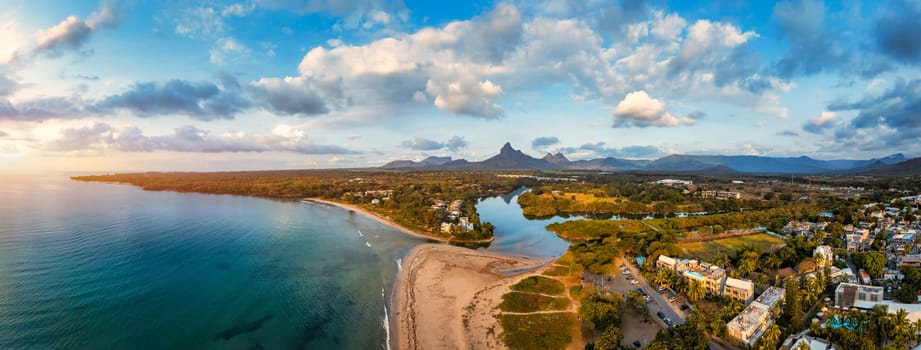 Rempart mountain view from Tamarin bay, Black river, scenic nature of Mauritius island. Beautiful nature and landscapes of Mauritius island. Rempart mountains view from Tamarin bay, Mauritius.