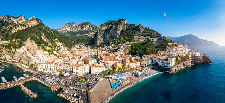 View of beautiful Amalfi town, Campania, Italy. Amalfi coast is most popular travel and holiday destination in Europe. Amalfi cityscape on coast line of mediterranean sea, Amalfi coast, Italy.