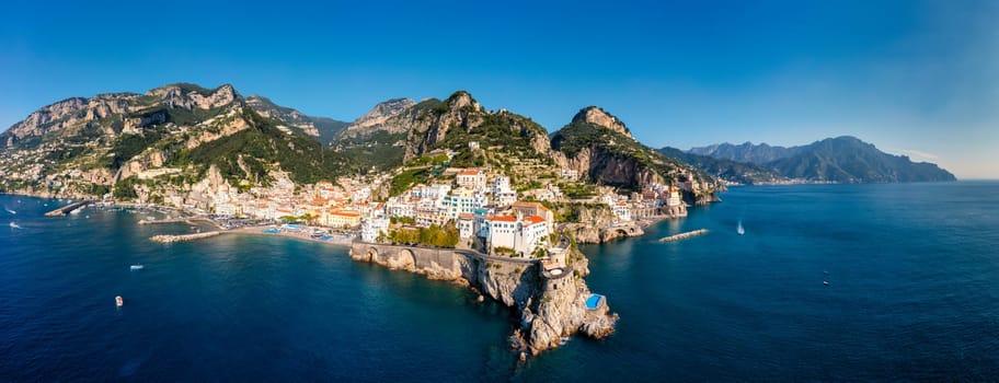 Aerial view of Atrani famous coastal village located on Amalfi Coast, Italy. Small town Atrani on Amalfi Coast in province of Salerno, Campania region, Italy. Atrani town on Amalfi coast, Italy.