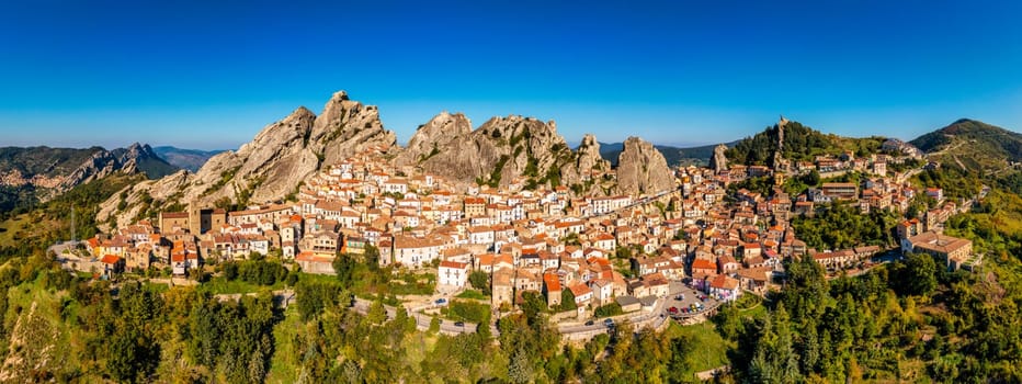 Cityscape aerial view of medieval city of Pietrapertosa, Italy. View of Pietrapertosa town in the Lucanian Dolomites in Italy. Pietrapertosa village in Apennines Dolomiti Lucane. Basilicata, Italy.