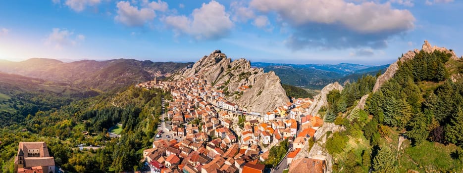Cityscape aerial view of medieval city of Pietrapertosa, Italy. View of Pietrapertosa town in the Lucanian Dolomites in Italy. Pietrapertosa village in Apennines Dolomiti Lucane. Basilicata, Italy.