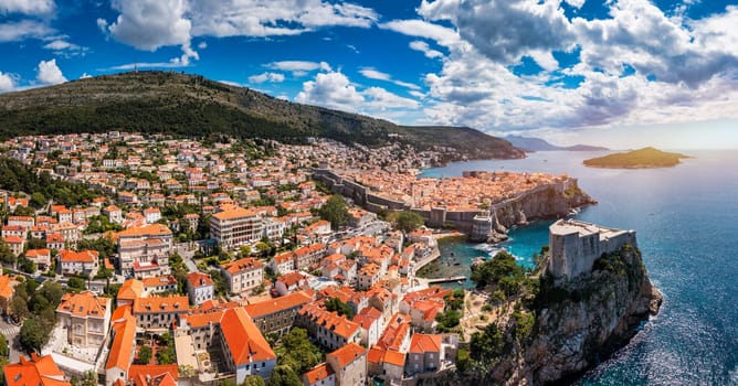 The aerial view of Dubrovnik, a city in southern Croatia fronting the Adriatic Sea, Europe. Old city center of famous town Dubrovnik, Croatia. Dubrovnik historic city of Croatia in Dalmatia. 