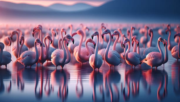 close-up of a flock of pink flamingos in the lake at dawn.