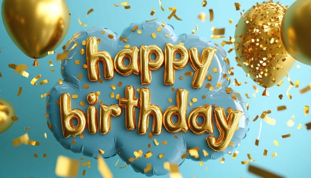 Happy birthday is written on a blue cloud, with vibrant gold balloons and colorful confetti surrounding it