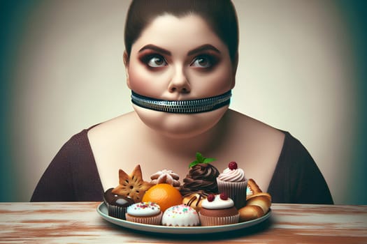 plus size woman gagged at the table in front of a plate with sweets and pastries, overweight concept.