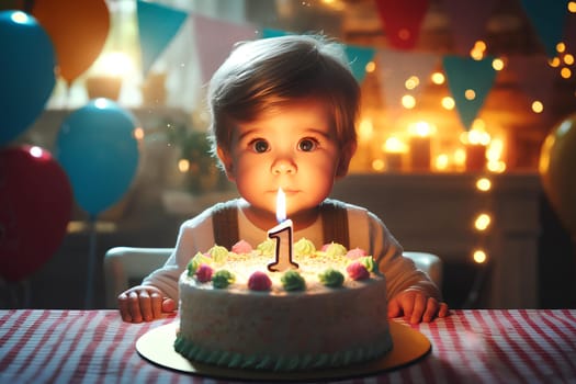 a one-year-old child looks in surprise at a birthday cake with one burning candle.