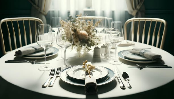 restaurant table set for two with elegant china.