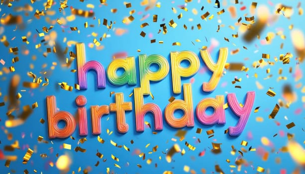 The joyful phrase happy birthday is beautifully surrounded by colorful confetti set against a blue background