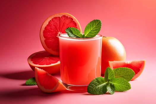 a glass of grapefruit fresh juice with a mint leaf and slices of fresh grapefruit on a pink background.