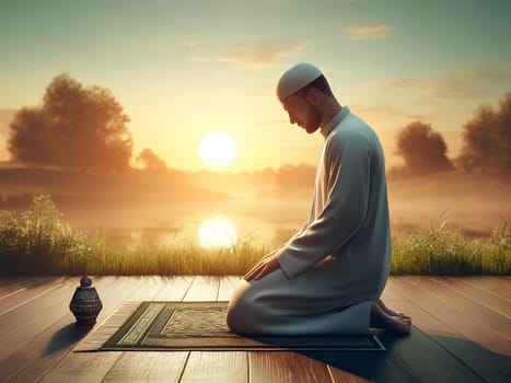 a man performing traditional Muslim prayer Salah Namaz outdoors at sunrise.