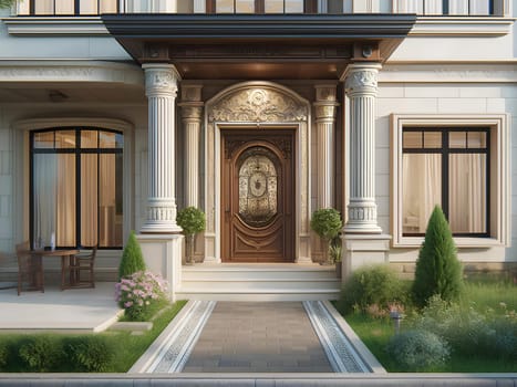 entrance area of the house with white columns.