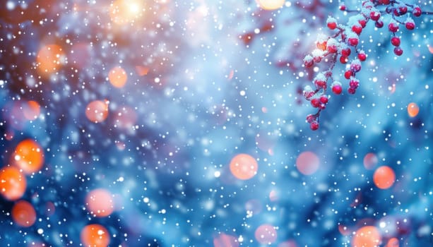 A beautifully decorated Christmas tree adorned with vibrant red berries, while snow gently falls upon it