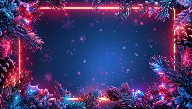 A colorful neon frame adorned with festive Christmas decorations and delicate snowflakes on a vibrant blue background