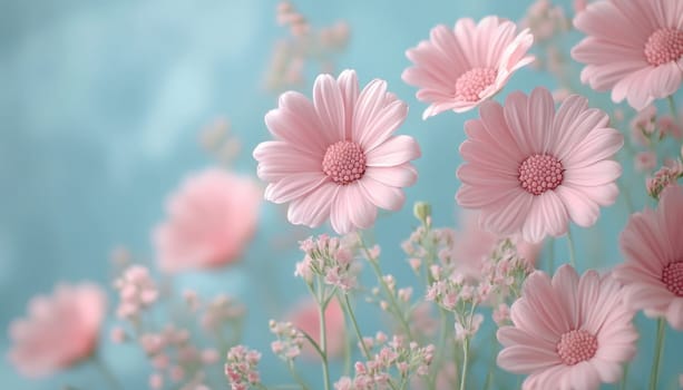 A vibrant bunch of pink flowers beautifully displayed against a contrasting blue background making it eyecatching