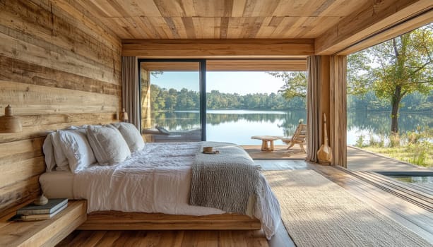 The spacious and inviting bedroom features a large, comfy bed along with a stunning view of a nearby serene lake